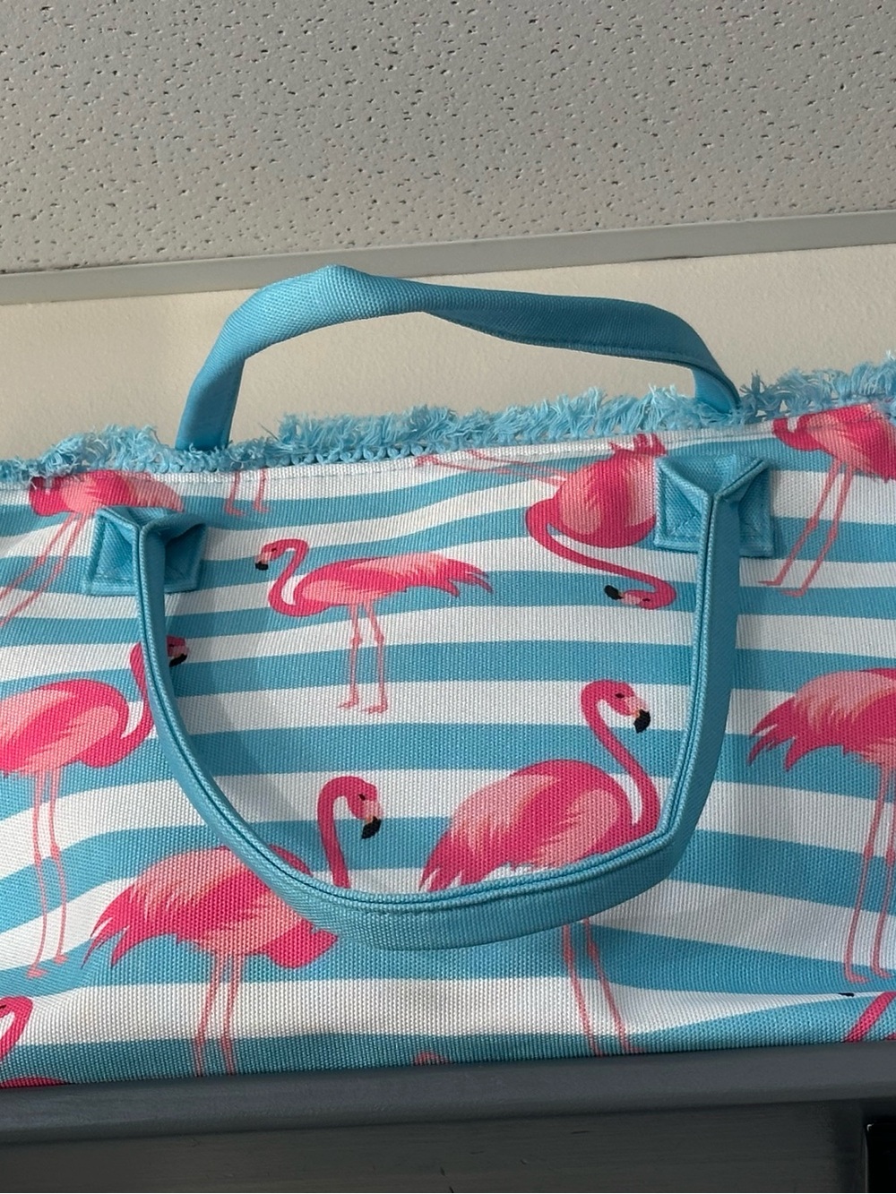 Bright Pink Flamingo Tote Bag with Aqua Stripes